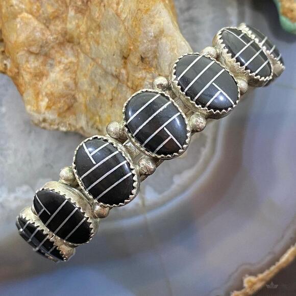 Jewelry - Vintage Native American Sterling Silver Channel Inlay Oval Onyx Bracelet